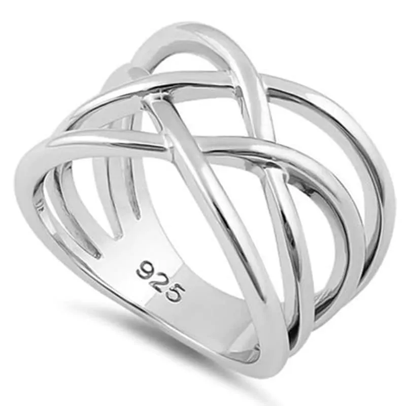 925 Sterling Silver Interwoven Wavelength Ring, Stackable Silver Band for Men & Women