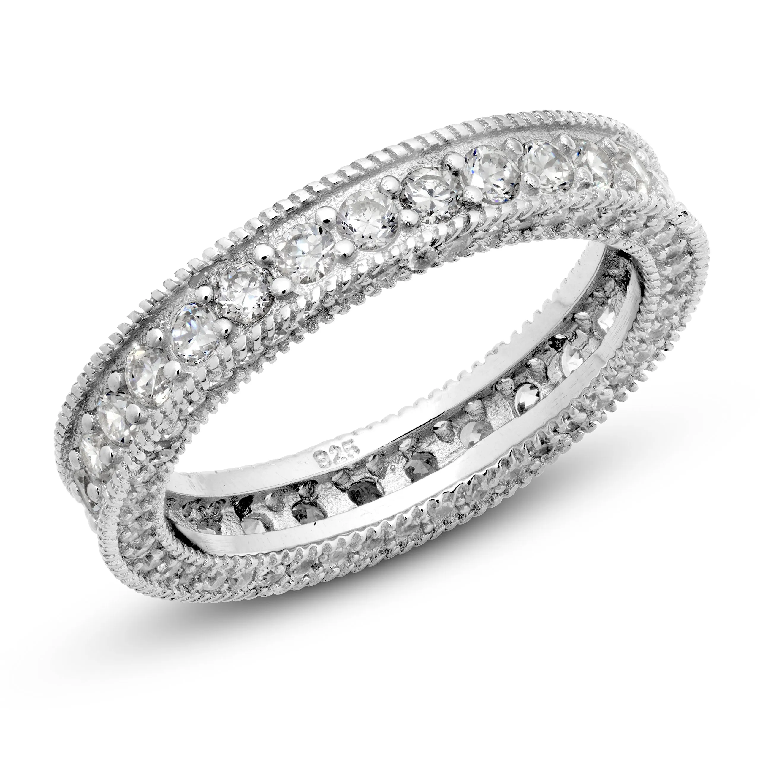 925 Sterling Silver Milgrain Eternity Band Ring with CZ Stones, 7mm Wide