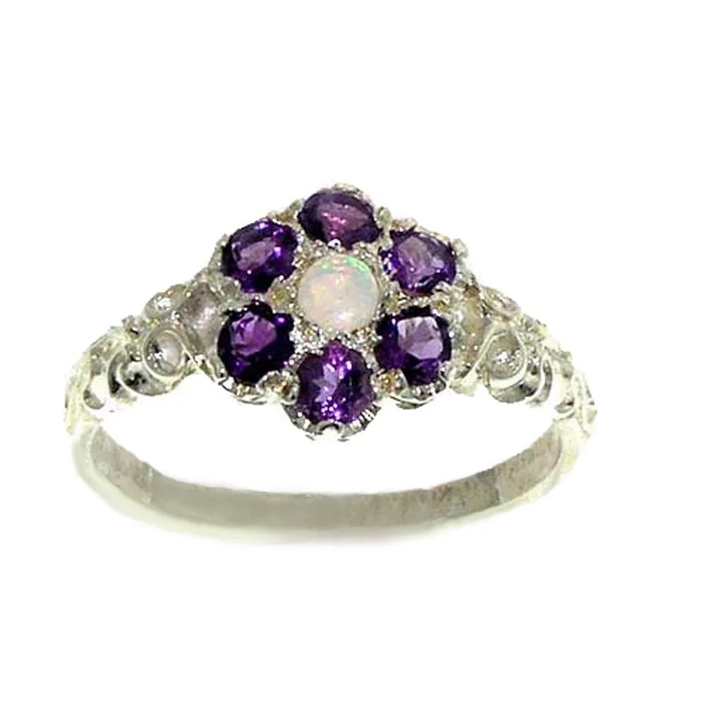 925 Sterling Silver Opal & Amethyst Women's Band Ring - Sizes 4 to 12 - Antique Daisy Design