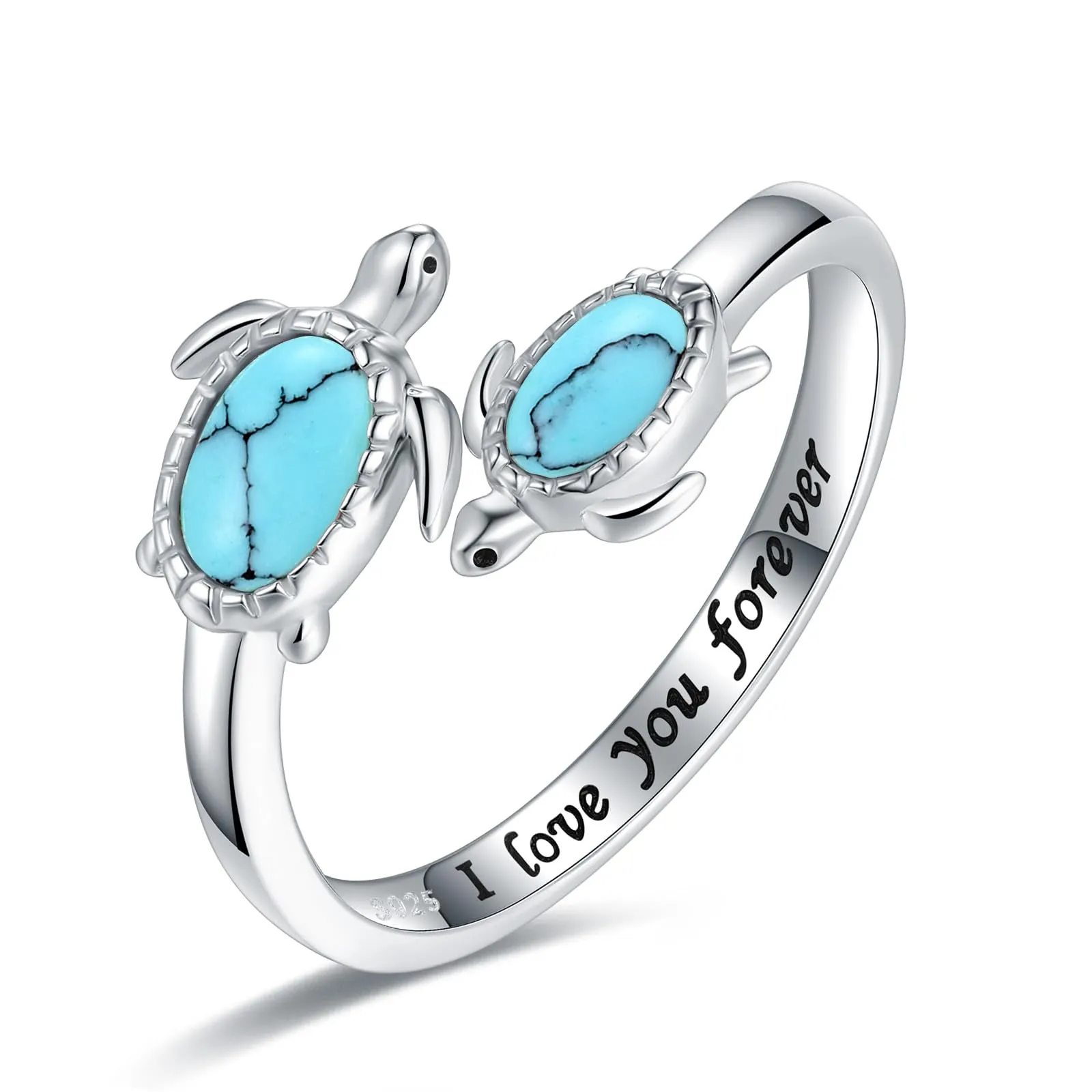 925 Sterling Silver Opal Turquoise Sea Turtle Ring - Adjustable Inspirational Ocean Jewelry