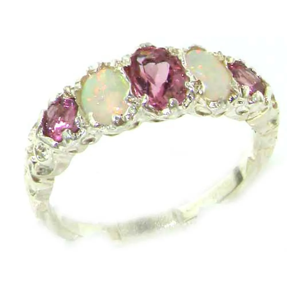 925 Sterling Silver Pink Tourmaline & Opal Women's Band Ring, Genuine Gemstones, Antique Style