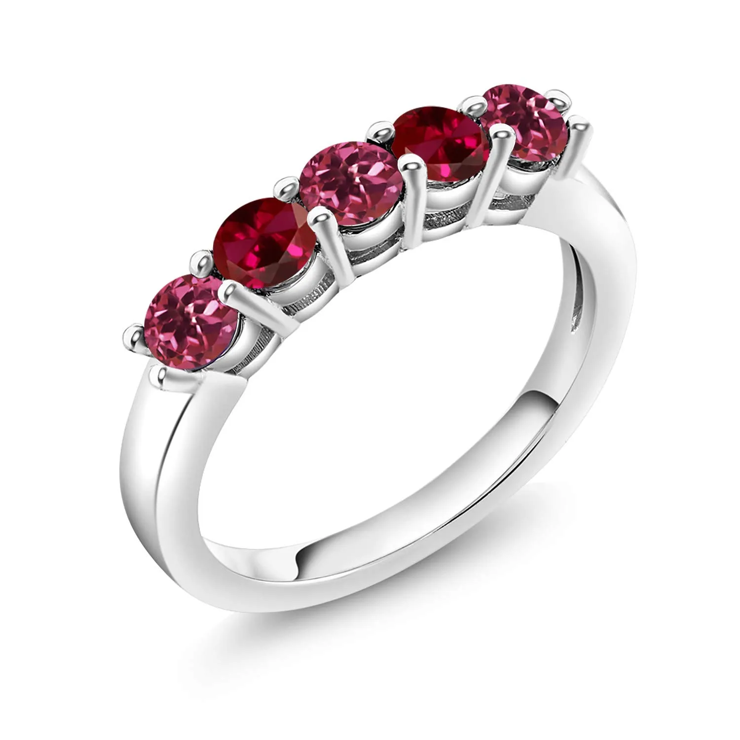 925 Sterling Silver Pink Tourmaline & Red Created Ruby 5-Stone Wedding Anniversary Band Ring