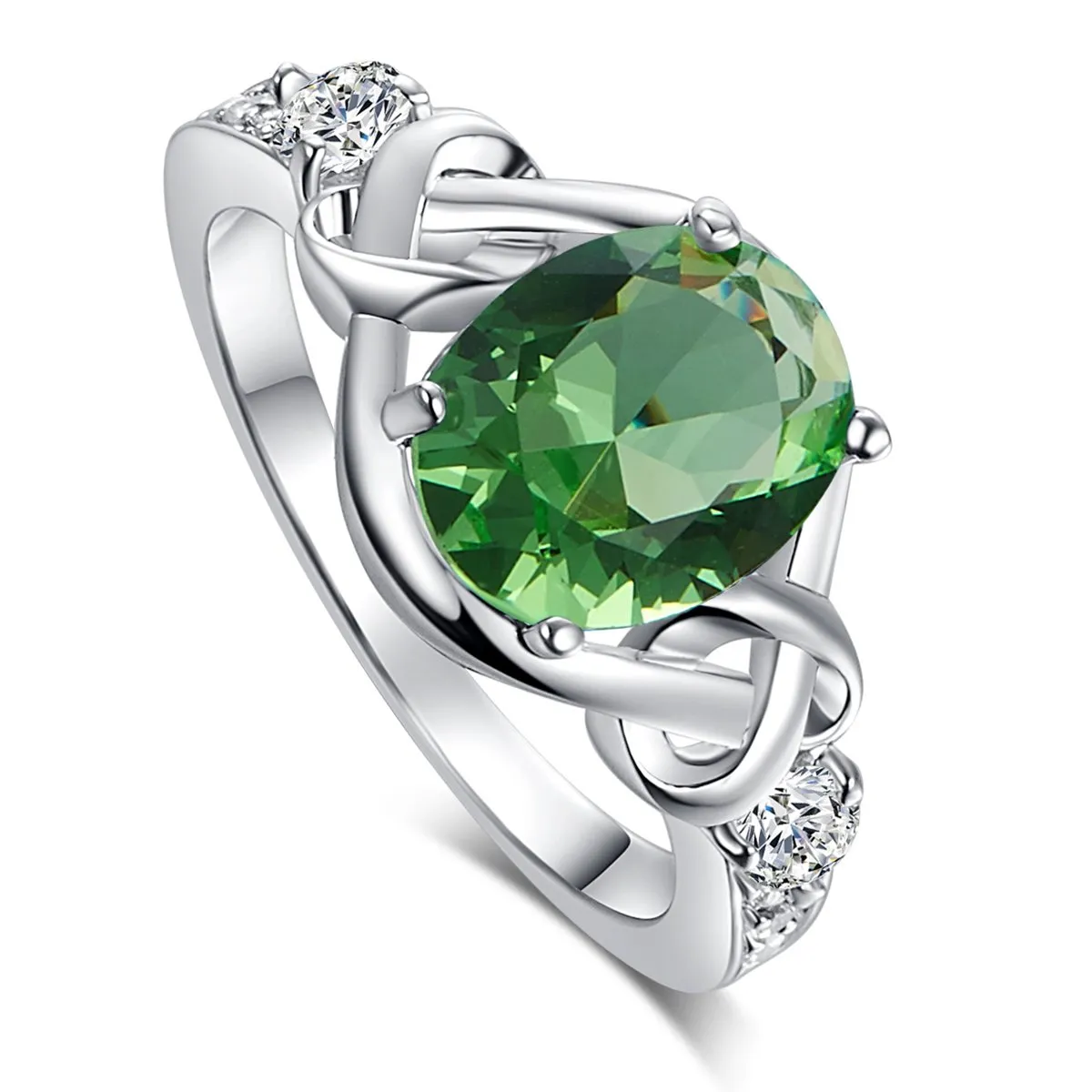 925 Sterling Silver Plated Oval Simulated Green Amethyst Twisted Knot Engagement Ring