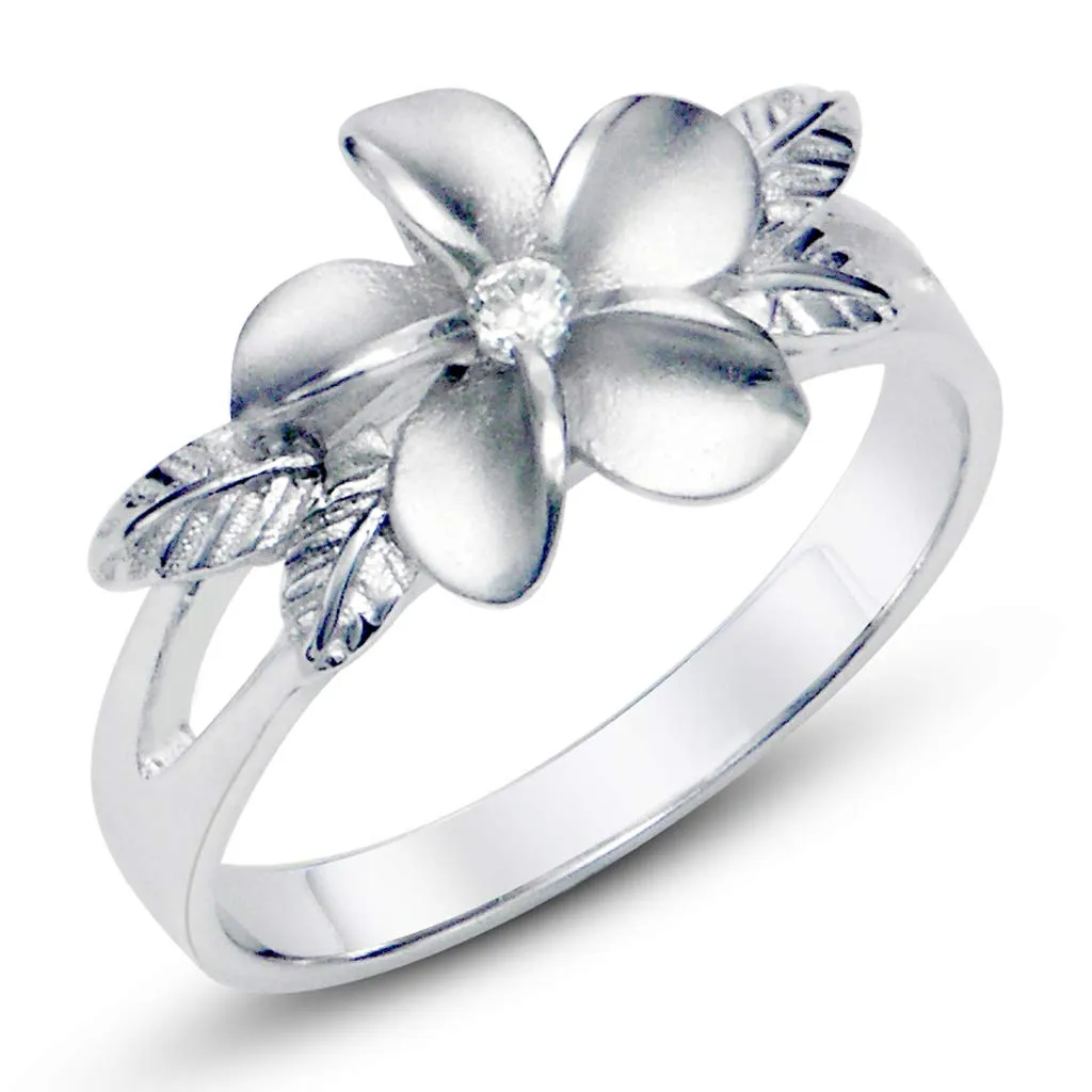 925 Sterling Silver Plumeria CZ & Maile Leaf Hawaiian Flower Band Ring, 10mm Wide