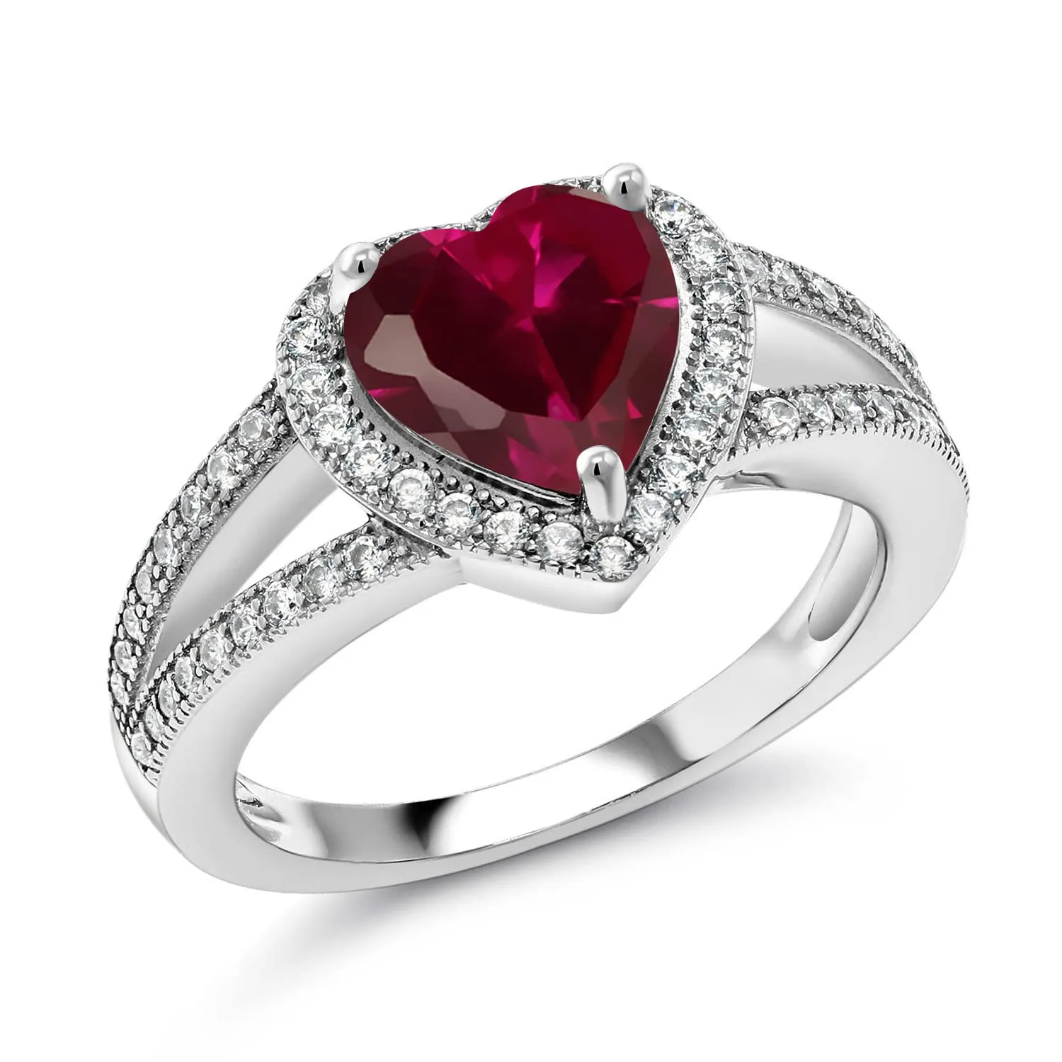 925 Sterling Silver Red Created Ruby Heart Shape Ring with Moissanite Accents, Available Sizes 5-9