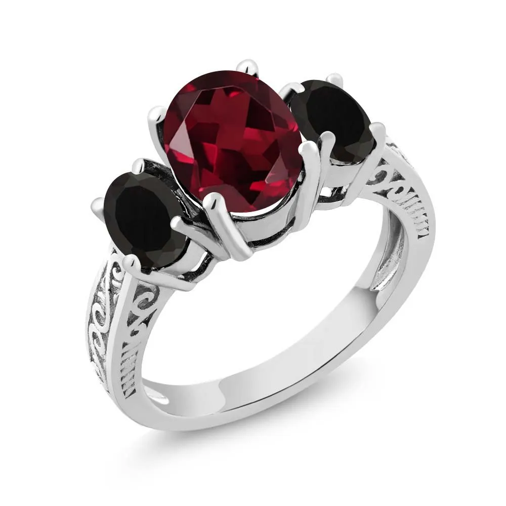 925 Sterling Silver Red Rhodolite Garnet & Black Onyx 3 Stone Ring for Women, Size 5-9, 2.98 Cttw