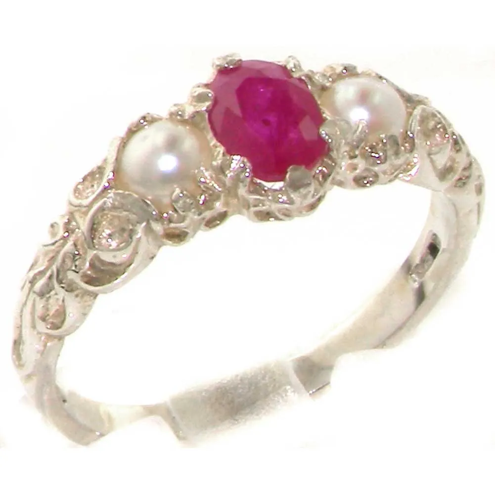 925 Sterling Silver Ruby and Cultured Pearl Women's Band Ring - Sizes 4 to 12 - Deluxe Box Included