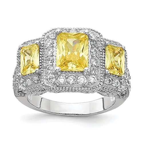 925 Sterling Silver Yellow Radiant Cut CZ 3 Stone Ring - Stunning Gift for Anniversaries & More