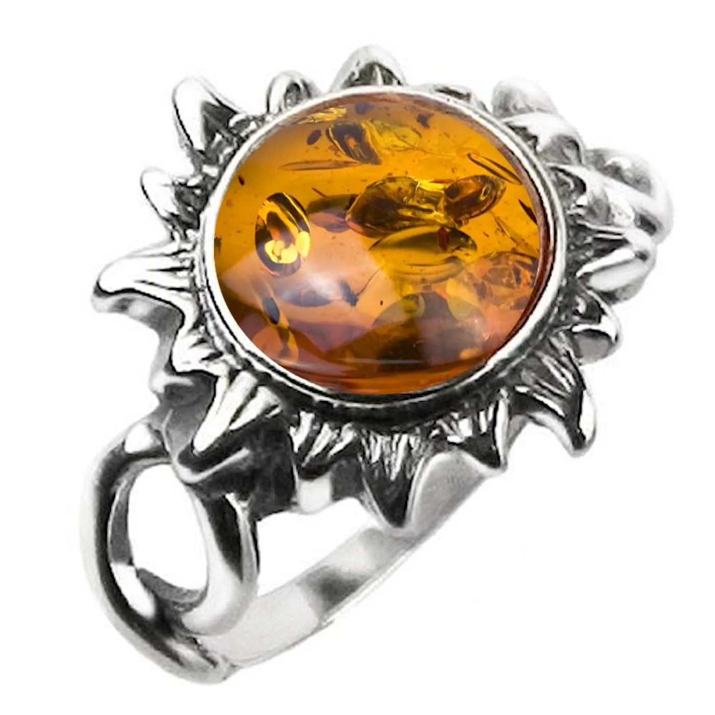 Amber & Sterling Silver Medium Flaming Sun Ring - Comfortable & Attractive Gem for Everyday Wear