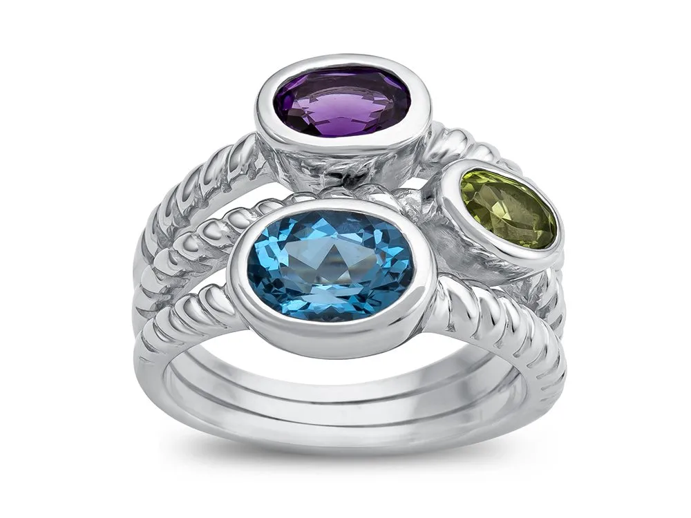 Amethyst, Peridot & Blue Topaz Ring in 925 Sterling Silver - Elegant Birthstone Jewelry