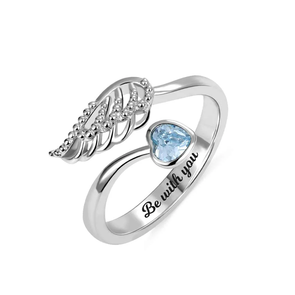 Angel Wing Custom Birthstone Rings - 925 Sterling Silver Personalized Engravable Jewelry