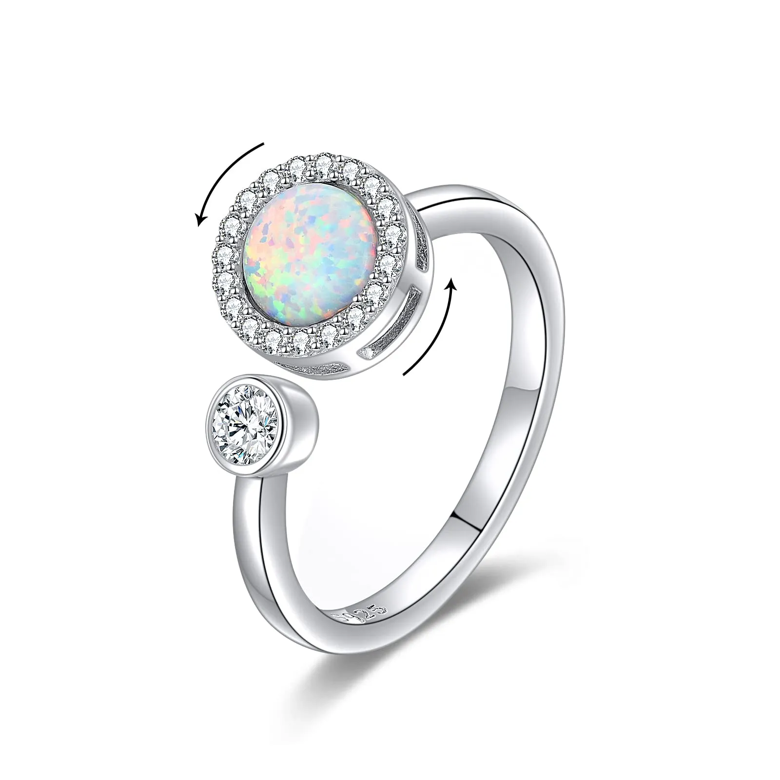 Anxiety Relief 925 Sterling Silver Adjustable Ring with Opal and Moonstone Birthstones