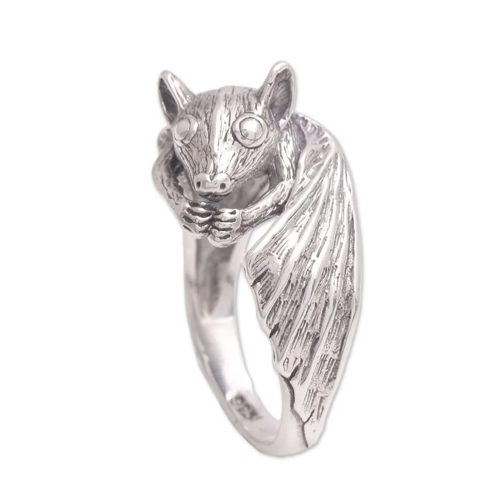 Artisan Handcrafted .925 Sterling Silver Bat Cocktail Ring from Bali, Unique Halloween Jewelry