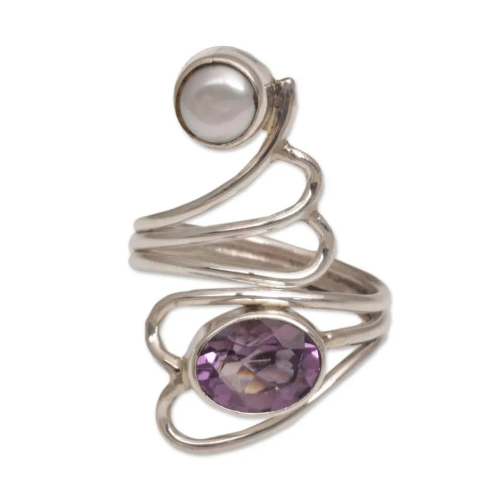 Artisan Handmade Amethyst & Cultured Freshwater Pearl Ring - .925 Sterling Silver, Purple & White