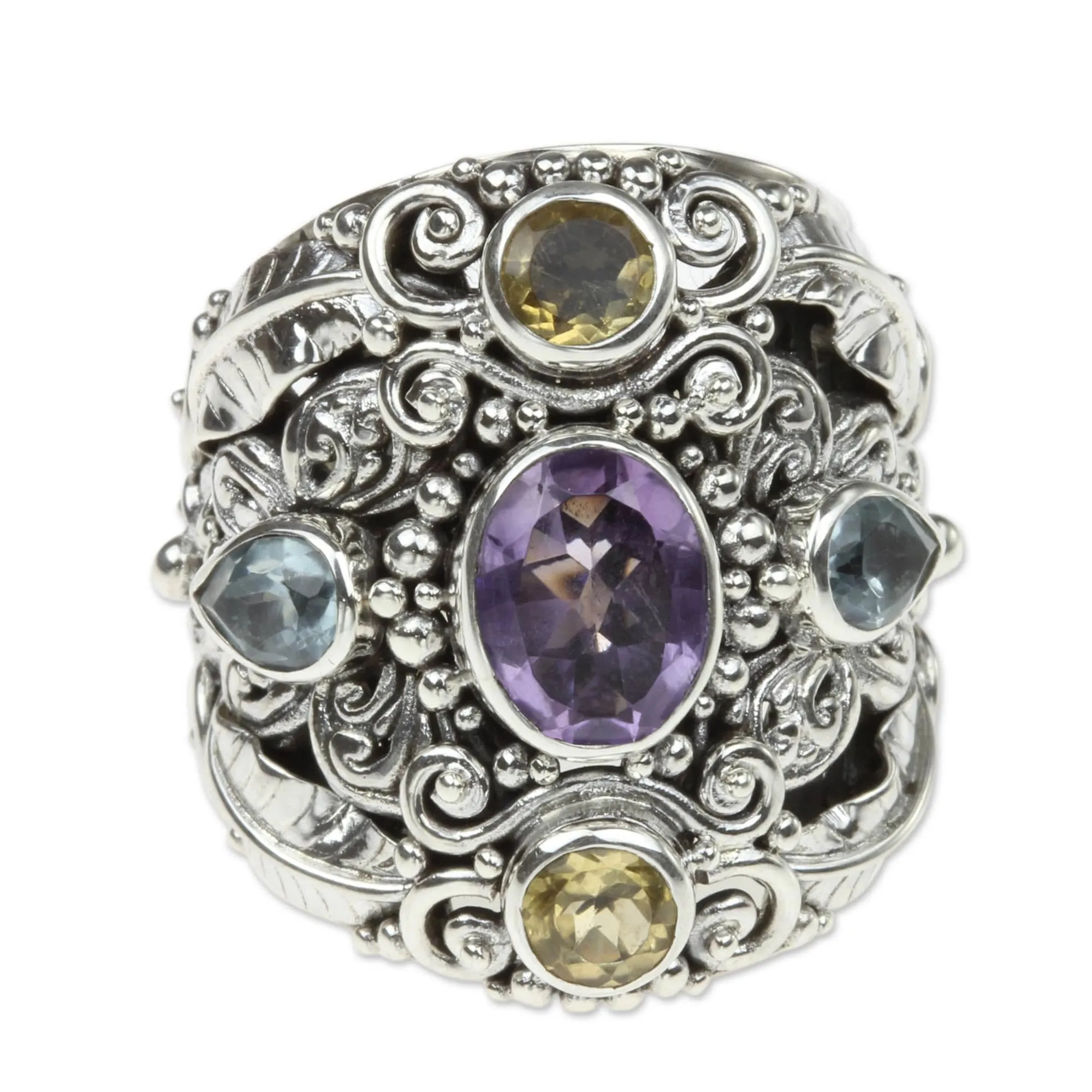 Artisan Handmade Amethyst Blue Topaz Cocktail Ring - Balinese Silver Multigem Butterfly Queen