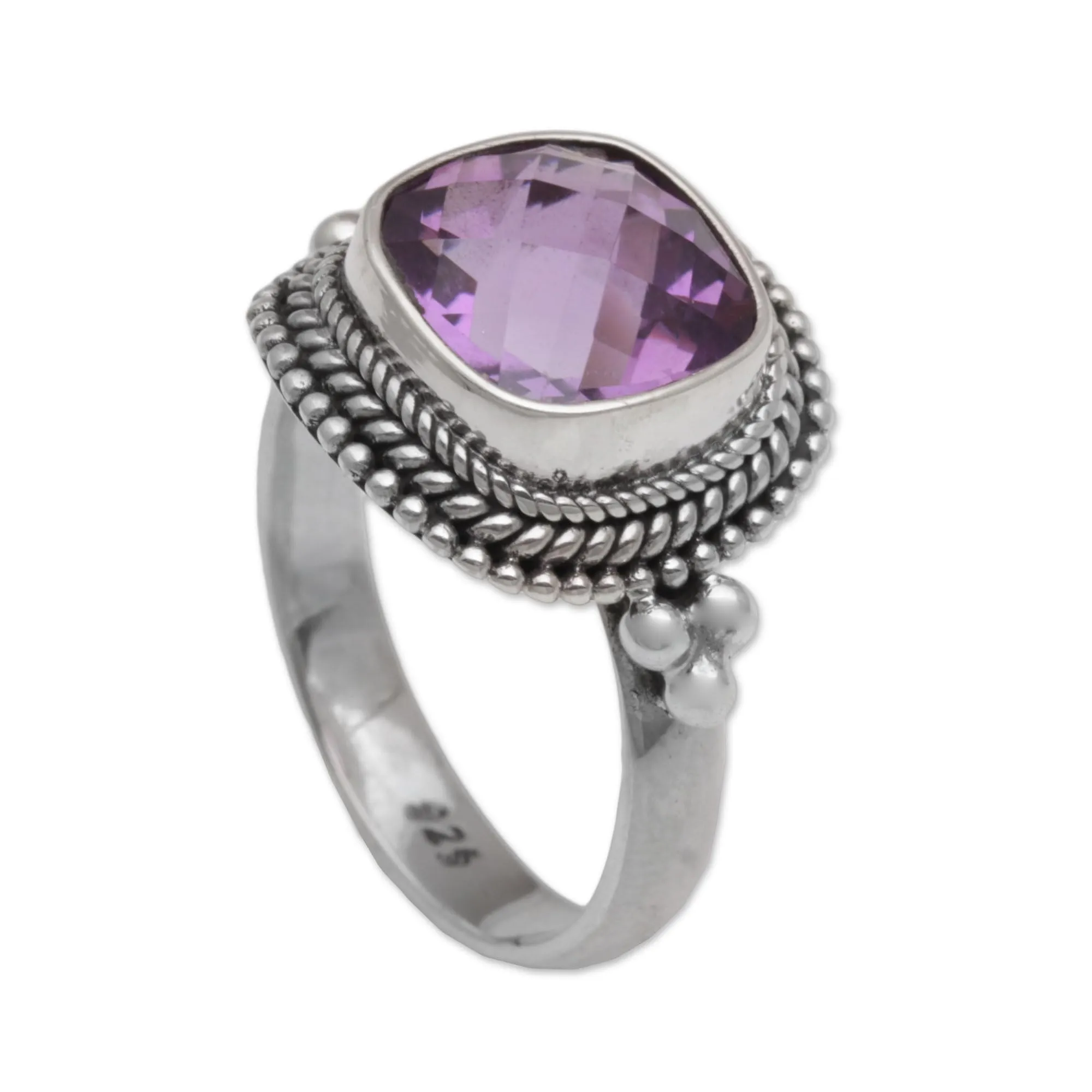 Artisan Handmade Amethyst Cocktail Ring, .925 Sterling Silver, Purple Birthstone from Bali