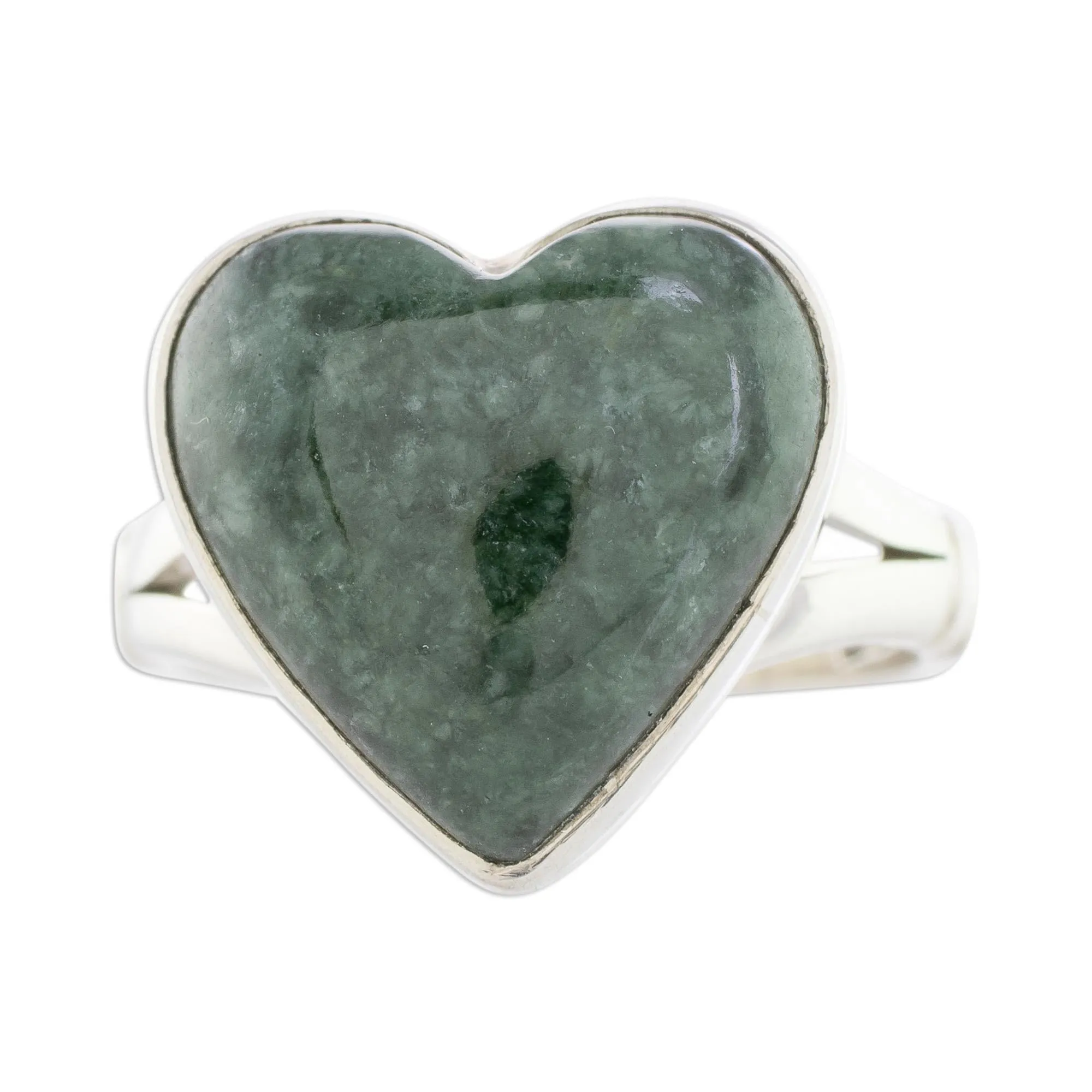 Artisan Handmade Heart-Shaped Dark Green Jade Cocktail Ring with .925 Sterling Silver