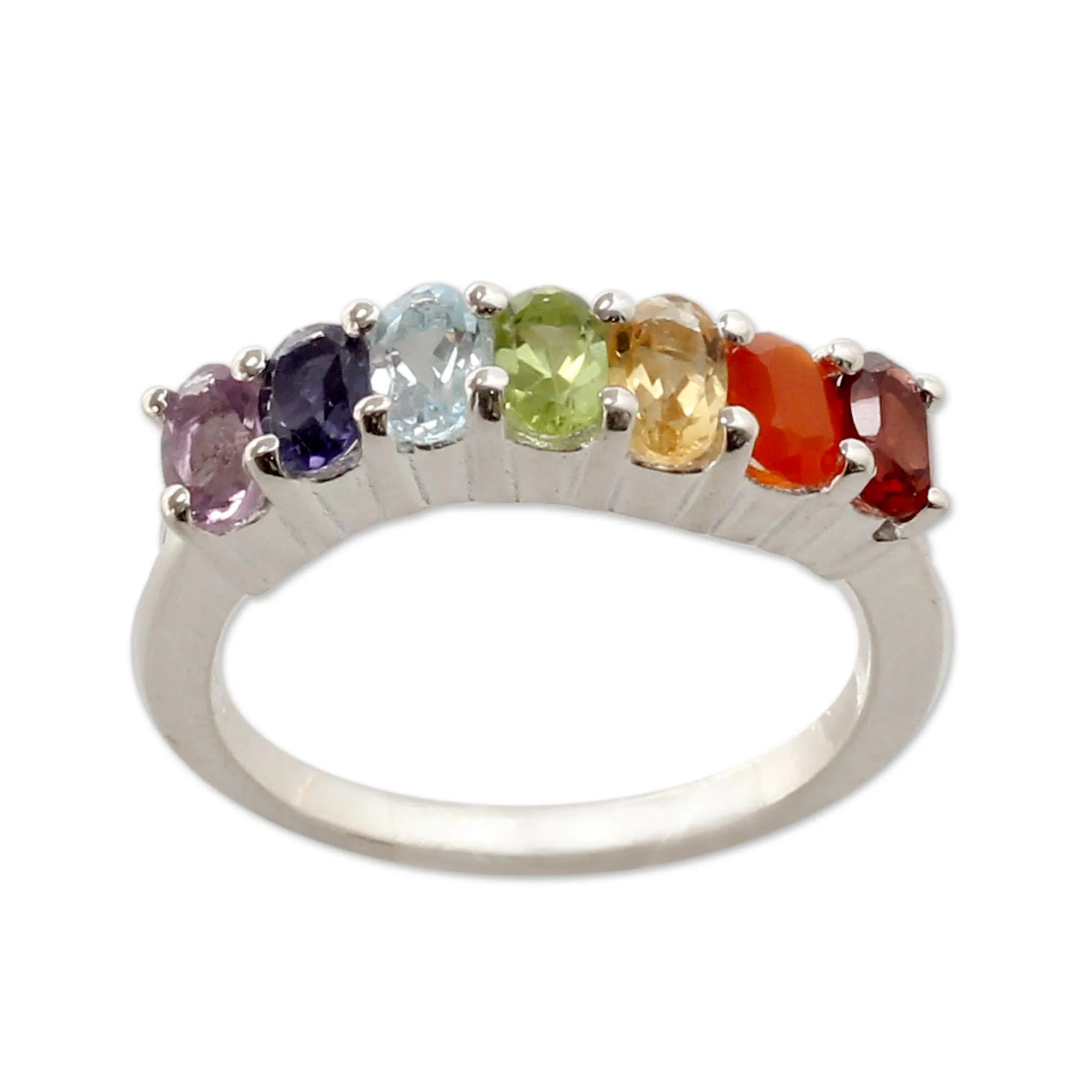 Artisan Handmade Multigemstone Chakra Ring in .925 Sterling Silver with Garnet, Citrine, Peridot