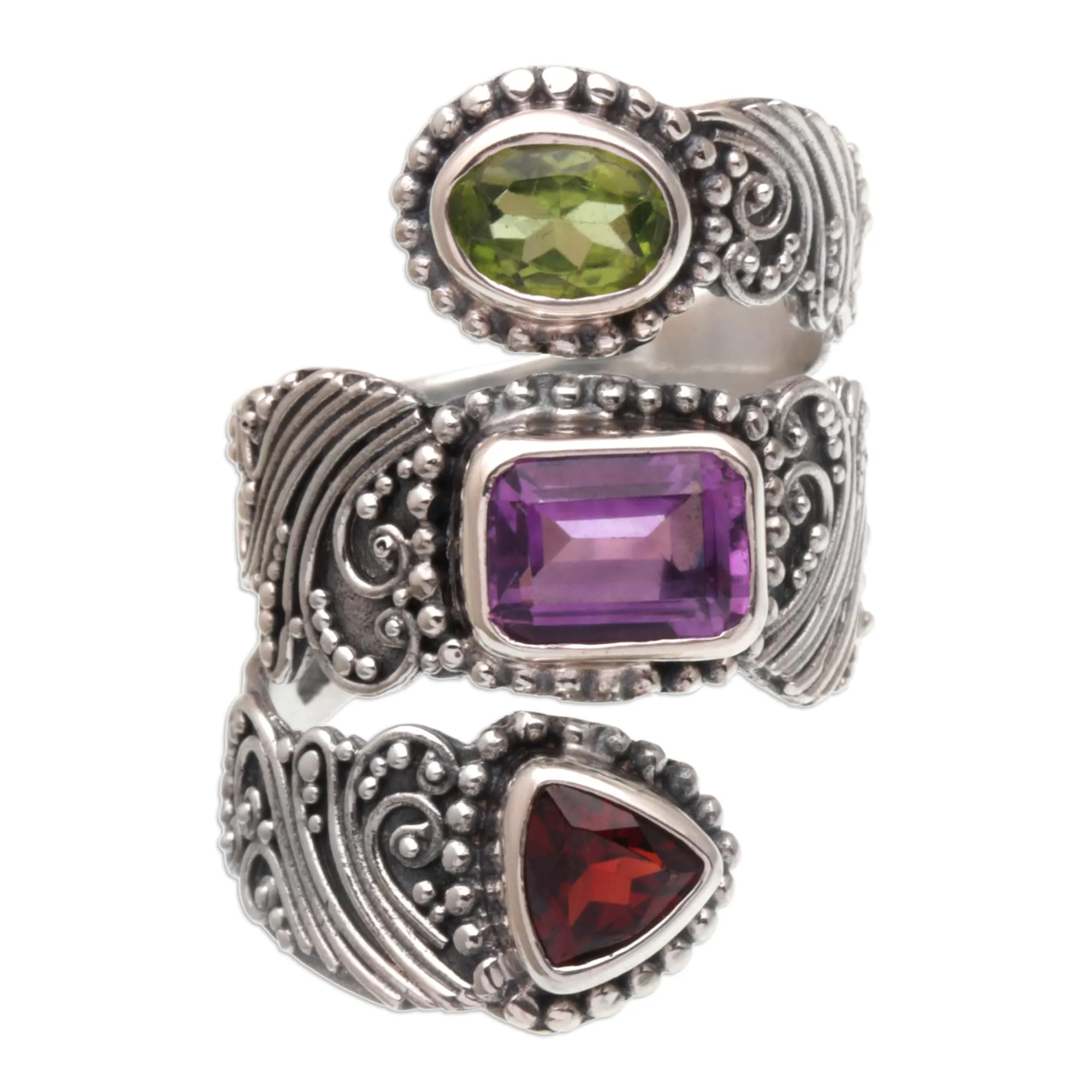 Artisan Handmade Multigemstone Wrap Ring in .925 Sterling Silver with Amethyst, Garnet, Peridot