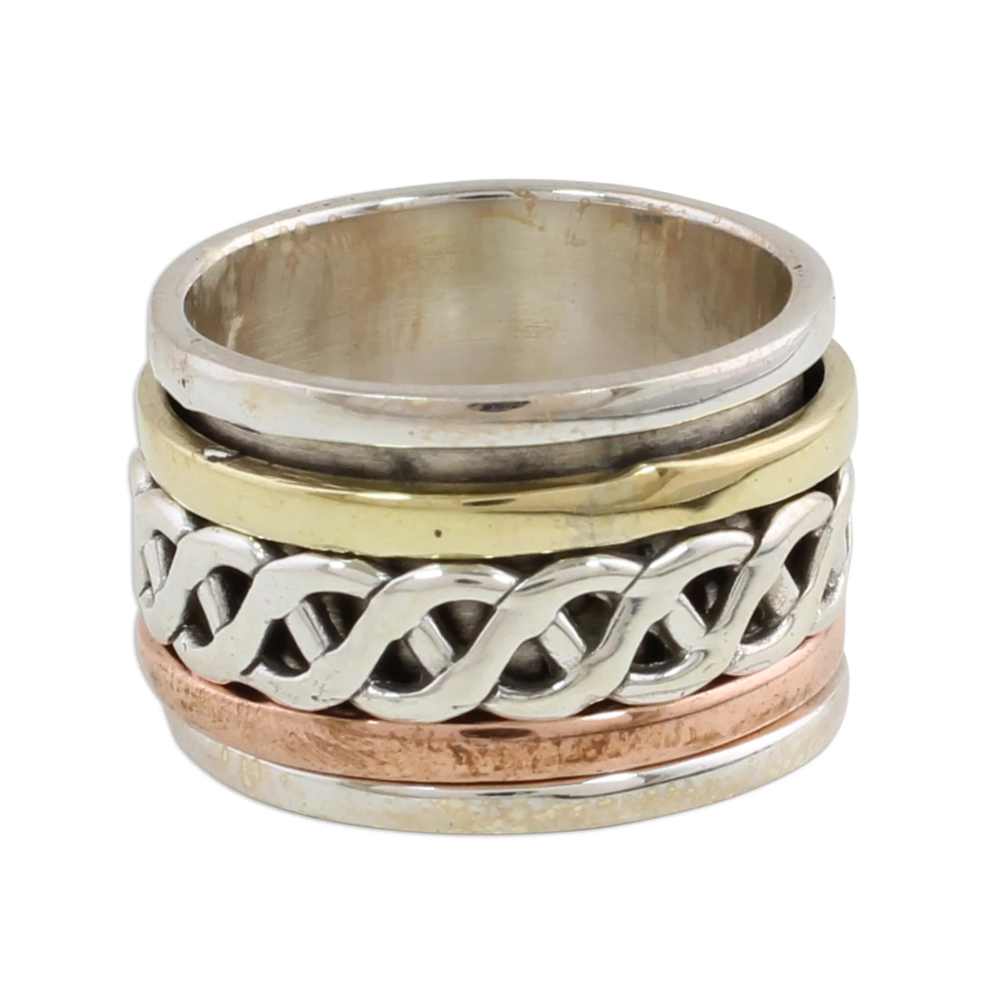 Artisan Handmade Sterling Silver Meditation Spinner Ring - Unique Copper Brass Design