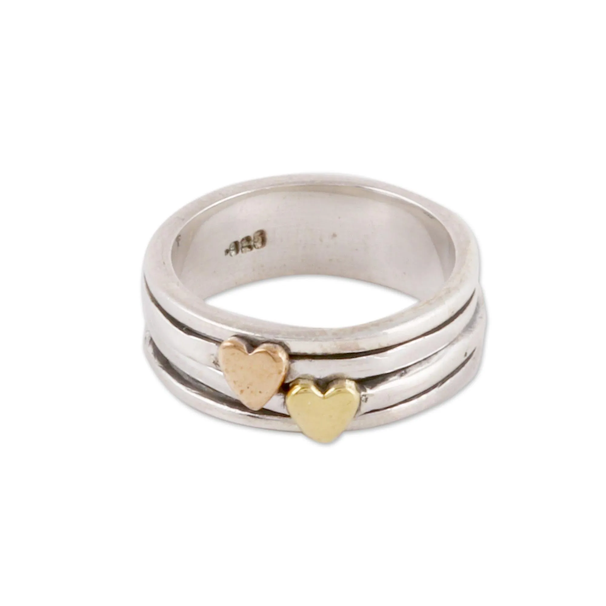 Artisan Handmade Sterling Silver Spinner Ring with Heart Motif and Brass Band