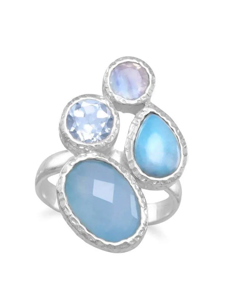 Blue Dyed Chalcedony, Larimar, Blue Topaz & Moonstone Ring in .925 Sterling Silver