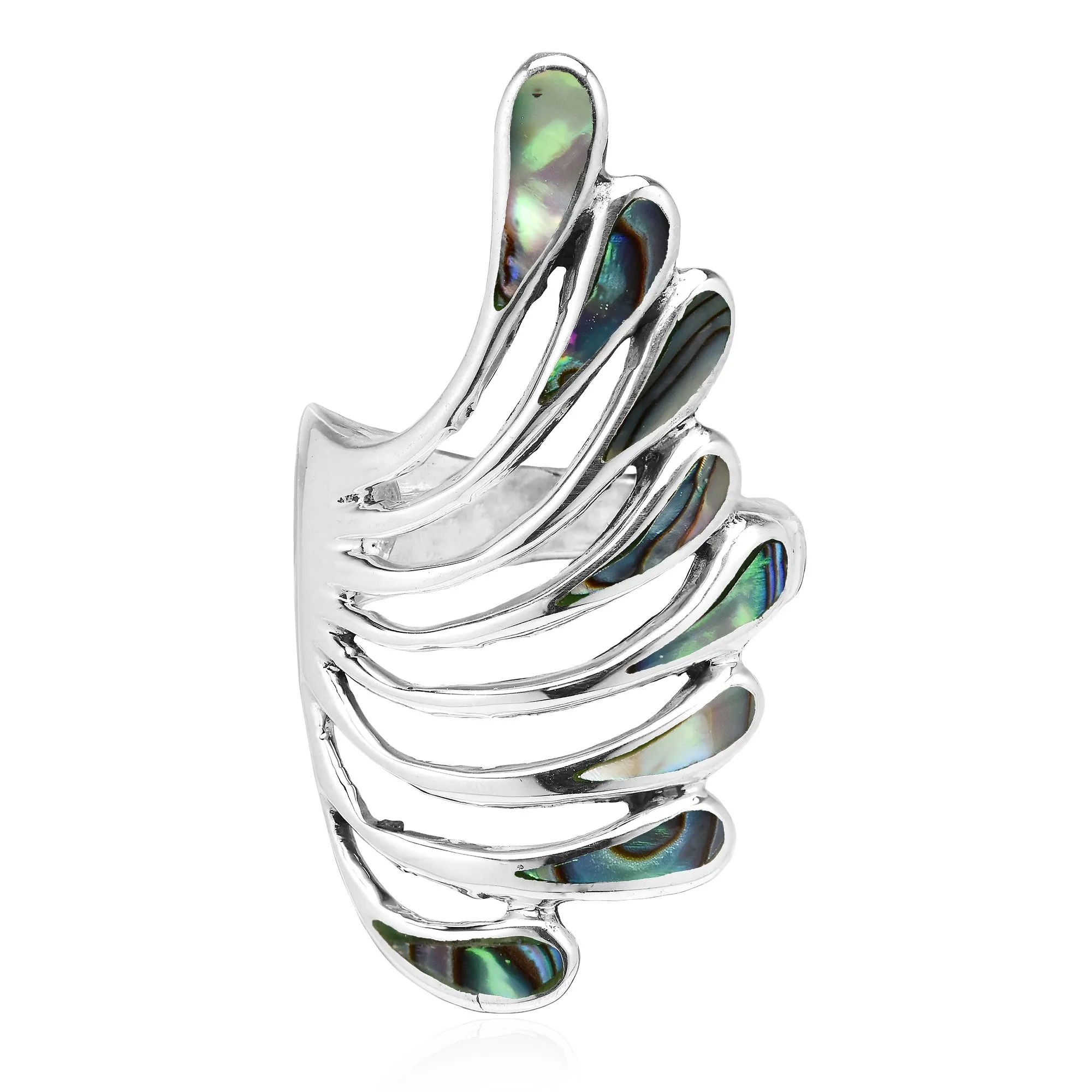 Brilliant Peacock Feathers .925 Sterling Silver Ring with Abalone Shell Inlays in Green-Tones