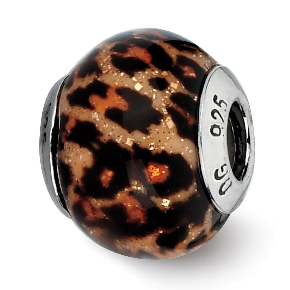 Brown Jaguar Glitter Overlay Glass & Sterling Silver Bead Charm, 15mm, Unique Italian Design