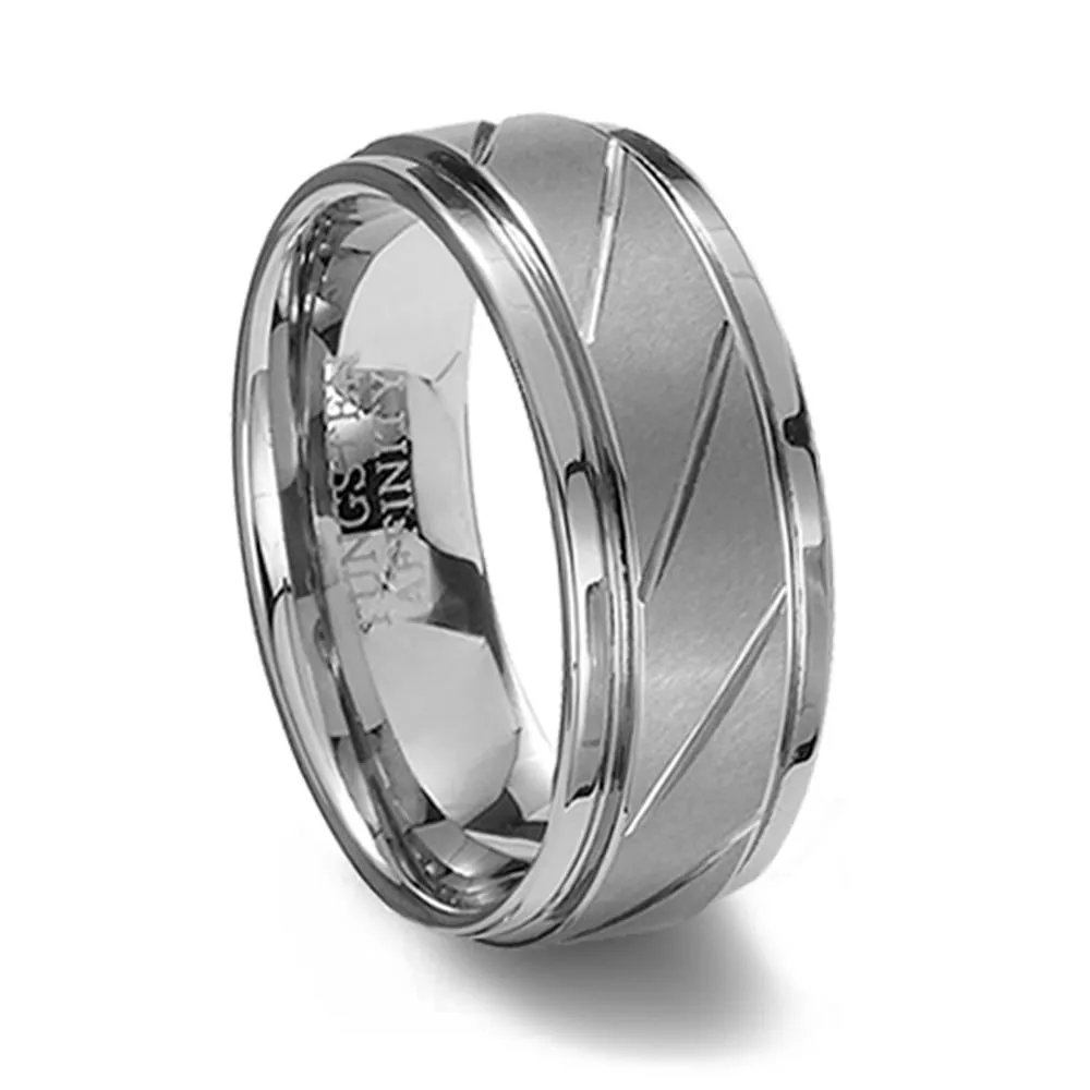 Brushed Finish Tungsten Ring with Diagonal Grooves, 9MM Width - Hypoallergenic Comfort Fit