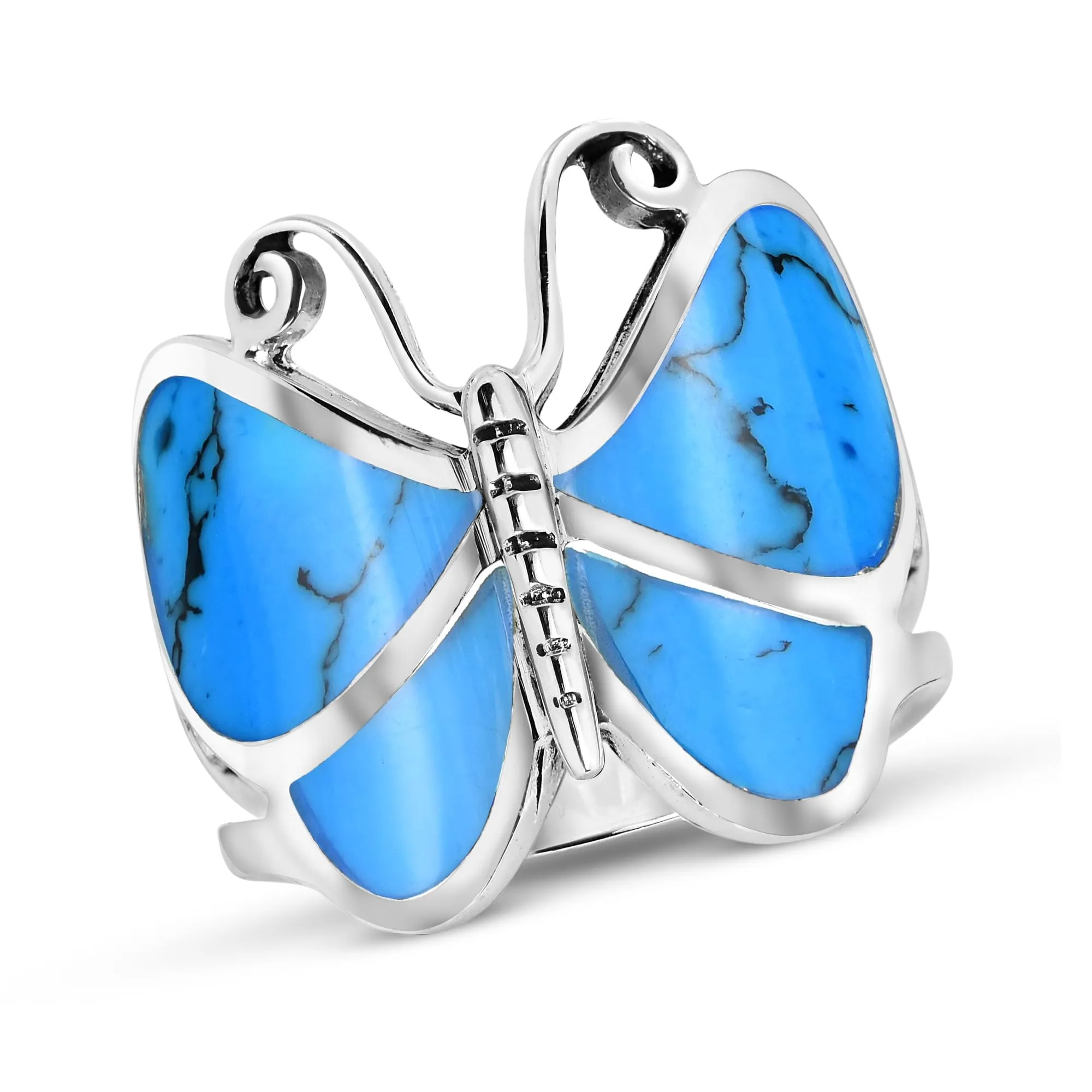 Captivating Butterfly Motif Simulated Blue Turquoise Ring in .925 Sterling Silver, Sizes 6-11