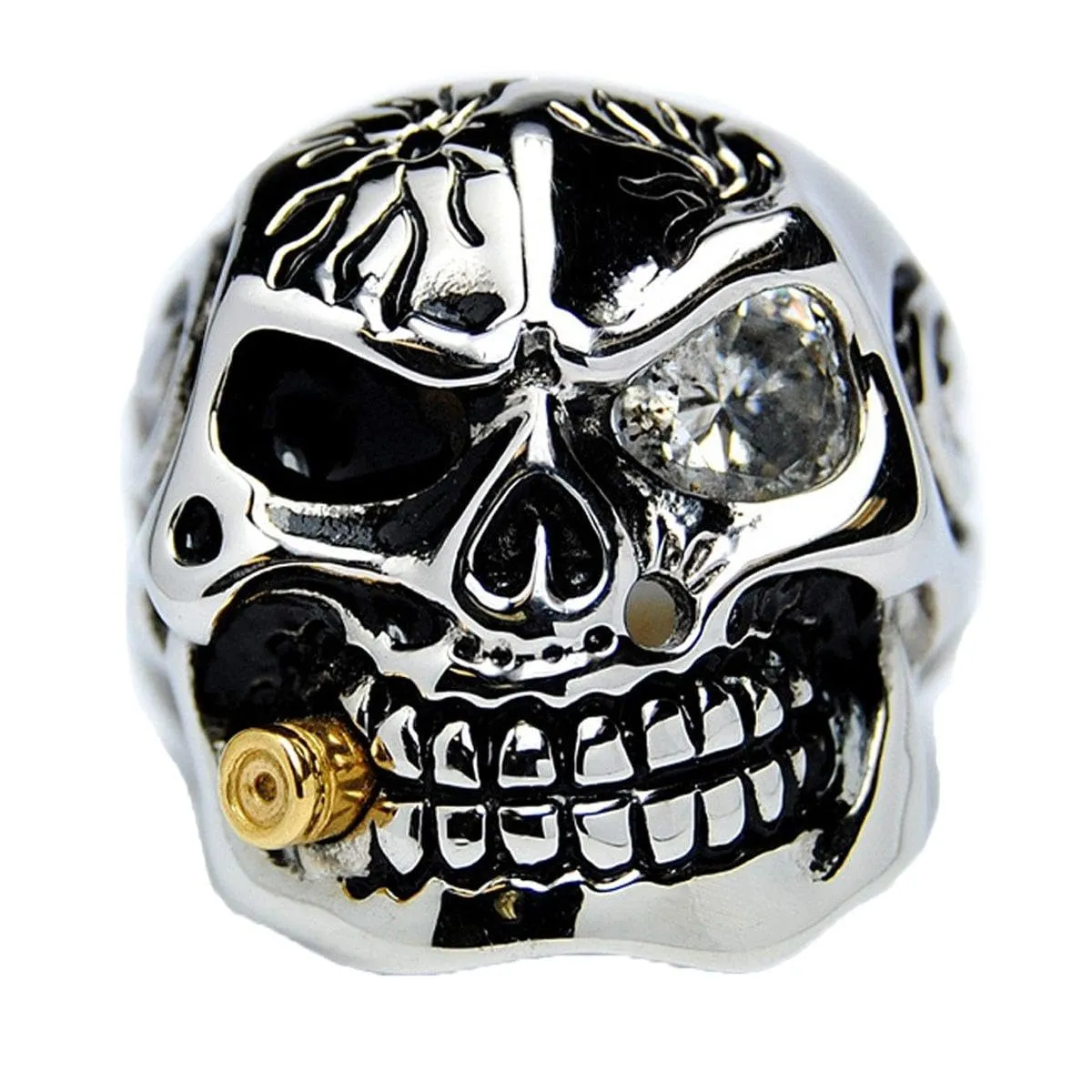 Casted Stainless Steel Skull Ring with 1.5Ct Cubic Zirconia & Bullet Design for Bikers