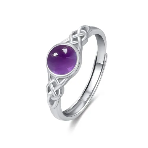 Celtic S925 Sterling Silver Adjustable Ring with Moonstone, Turquoise, Amethyst for Women