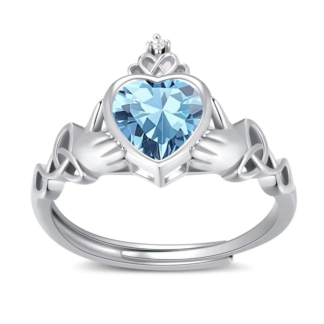 Claddagh Heart Shape Birthstone Ring - 925 Sterling Silver Adjustable Traditional Wedding Band