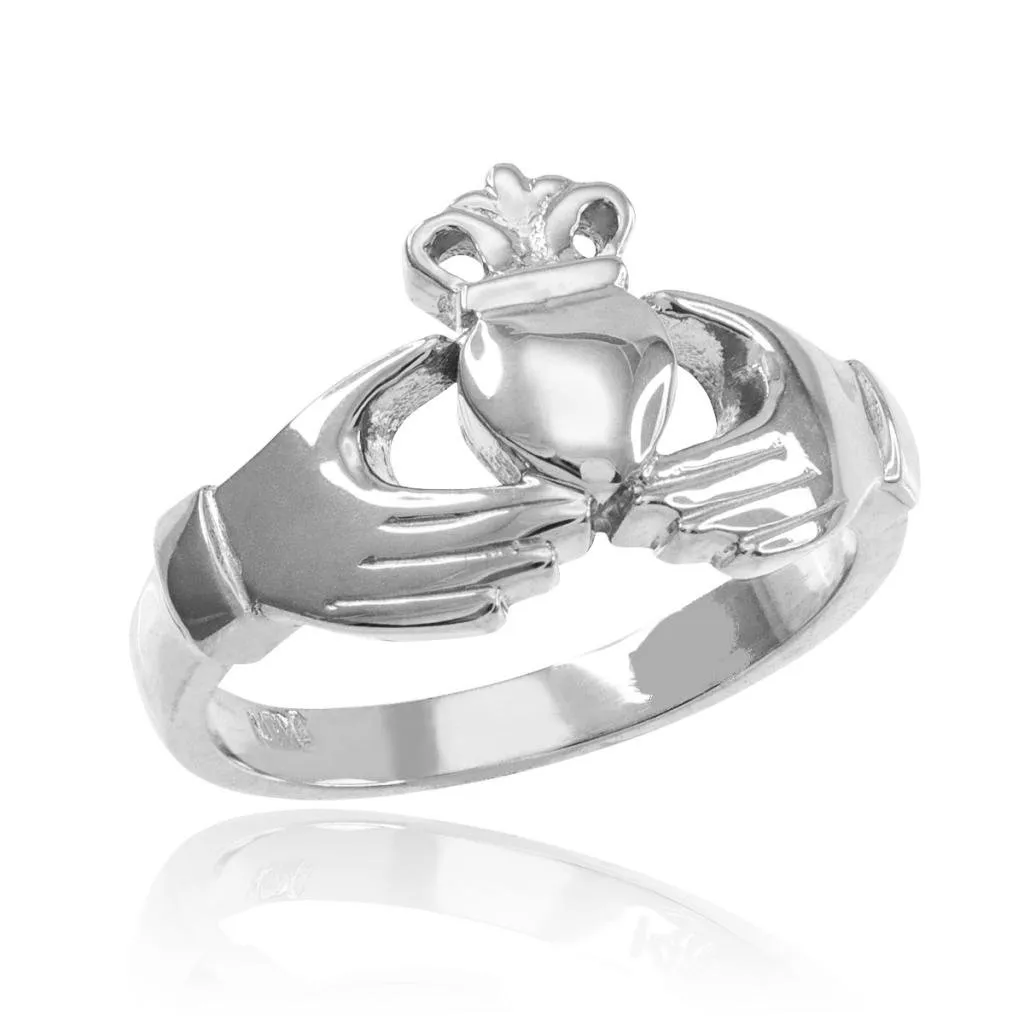 Classic 10k White Gold Irish Heart Claddagh Wedding Engagement Ring - Handmade American Jewelry