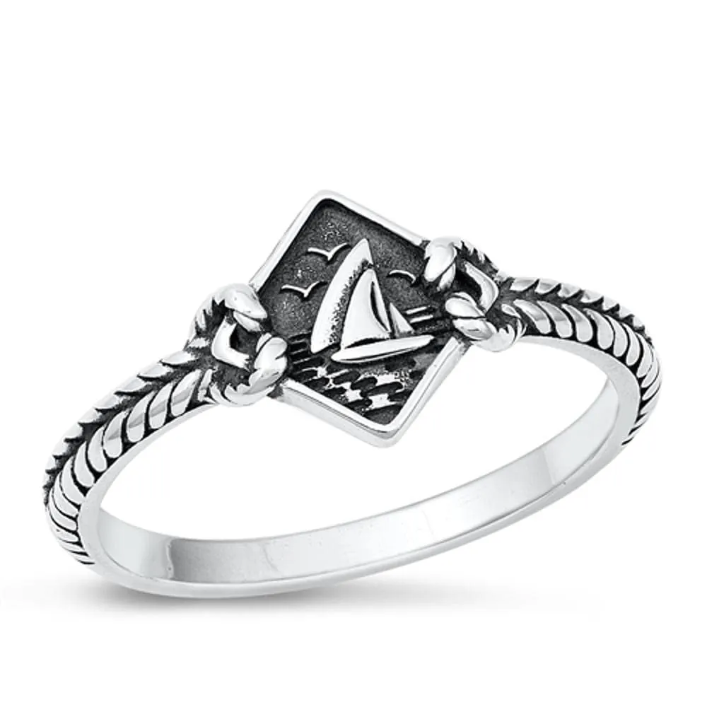 Classic Oxidized Nautical Sailboat Ring in .925 Sterling Silver, Sizes 4-10