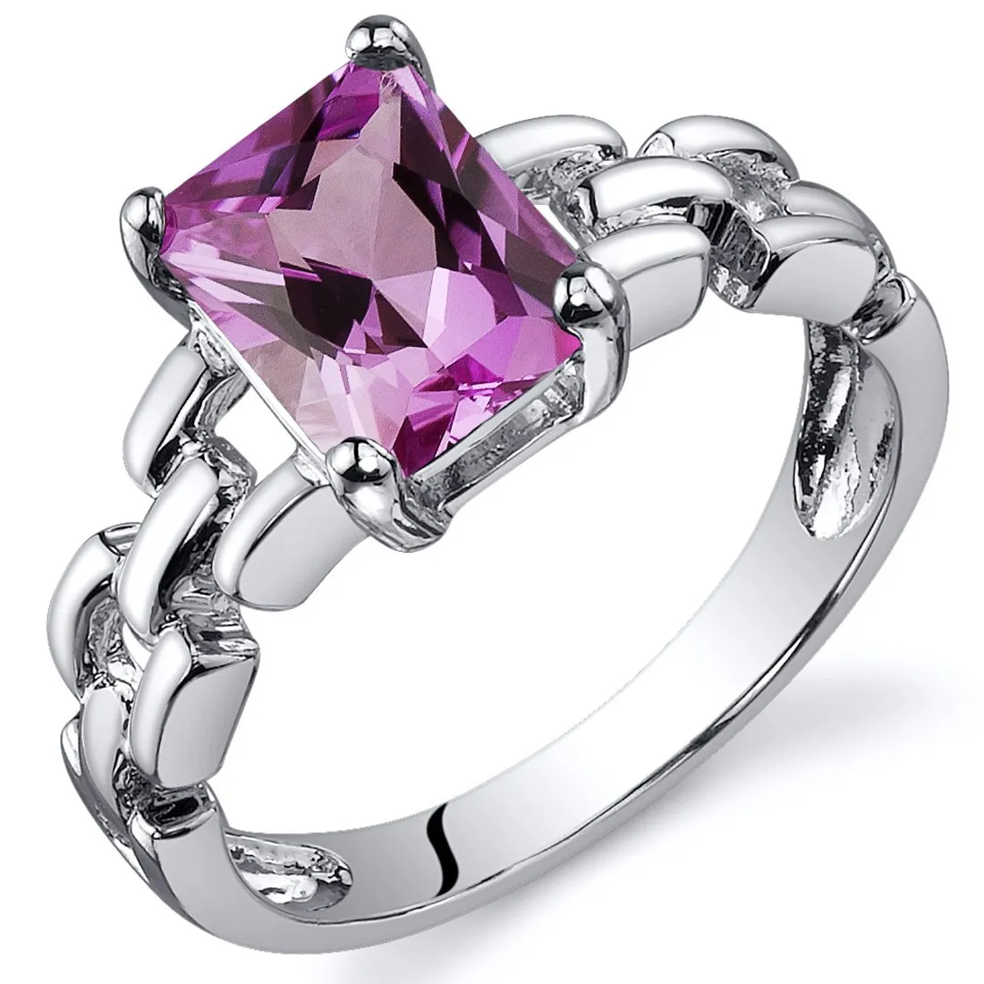 Created Pink Sapphire Ring in 925 Sterling Silver, 2 Carats Radiant Cut, Sizes 5 to 9