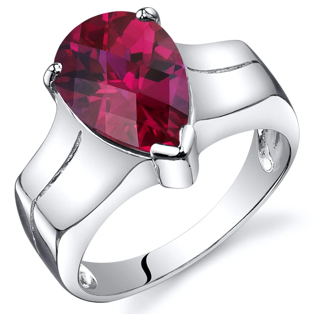 Created Ruby Solitaire Ring in Sterling Silver - 3.75 Carats, Pear Shape, Sizes 5-9