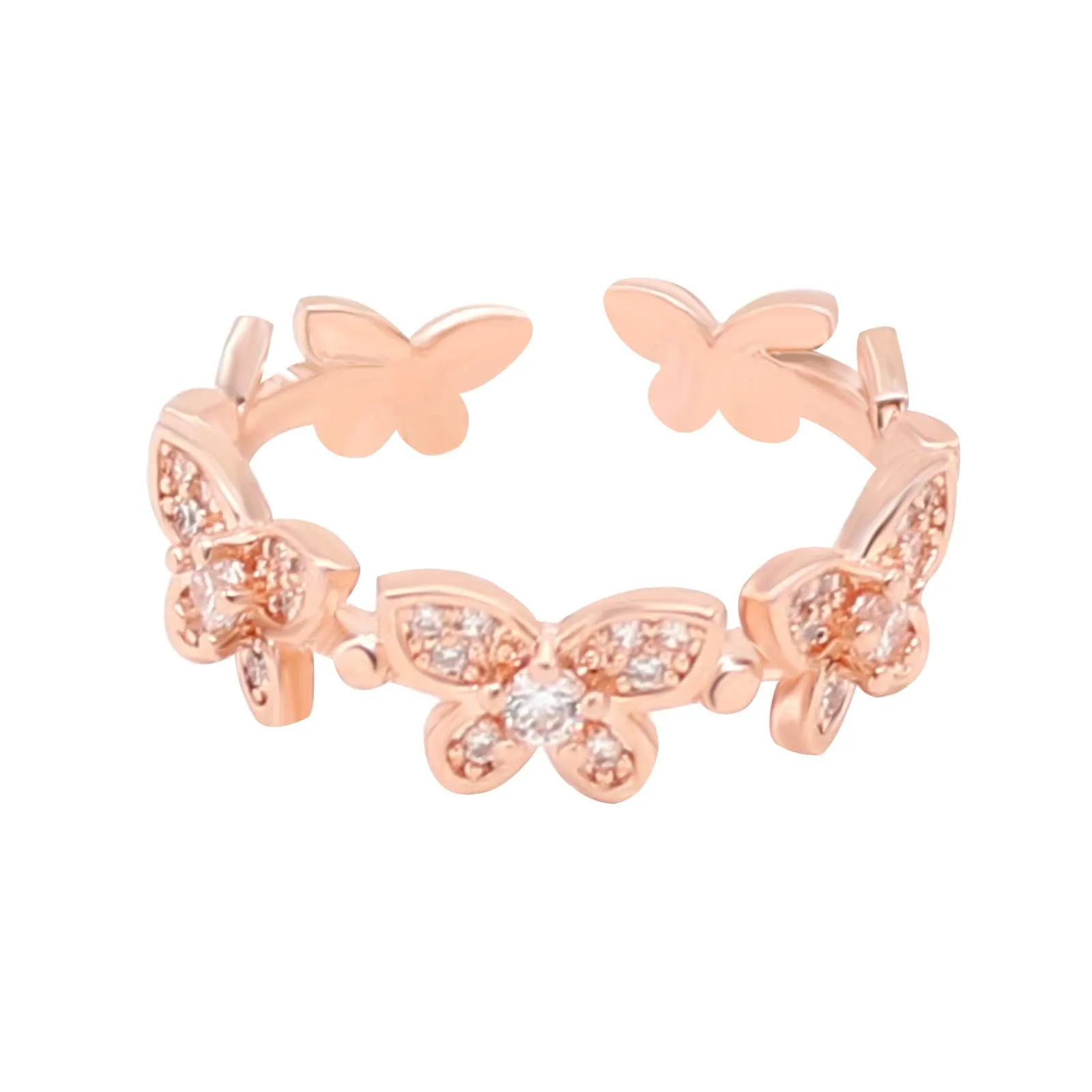 Crystal Zircon Butterfly Ring in Rose Gold & Silver - Adjustable Stackable Wedding Jewelry