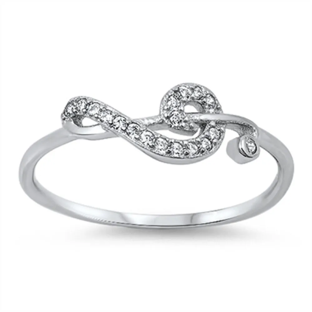 Cubic Zirconia Sideway Swirl Music Note Ring in Sterling Silver - Colors & Sizes 3-15 Available