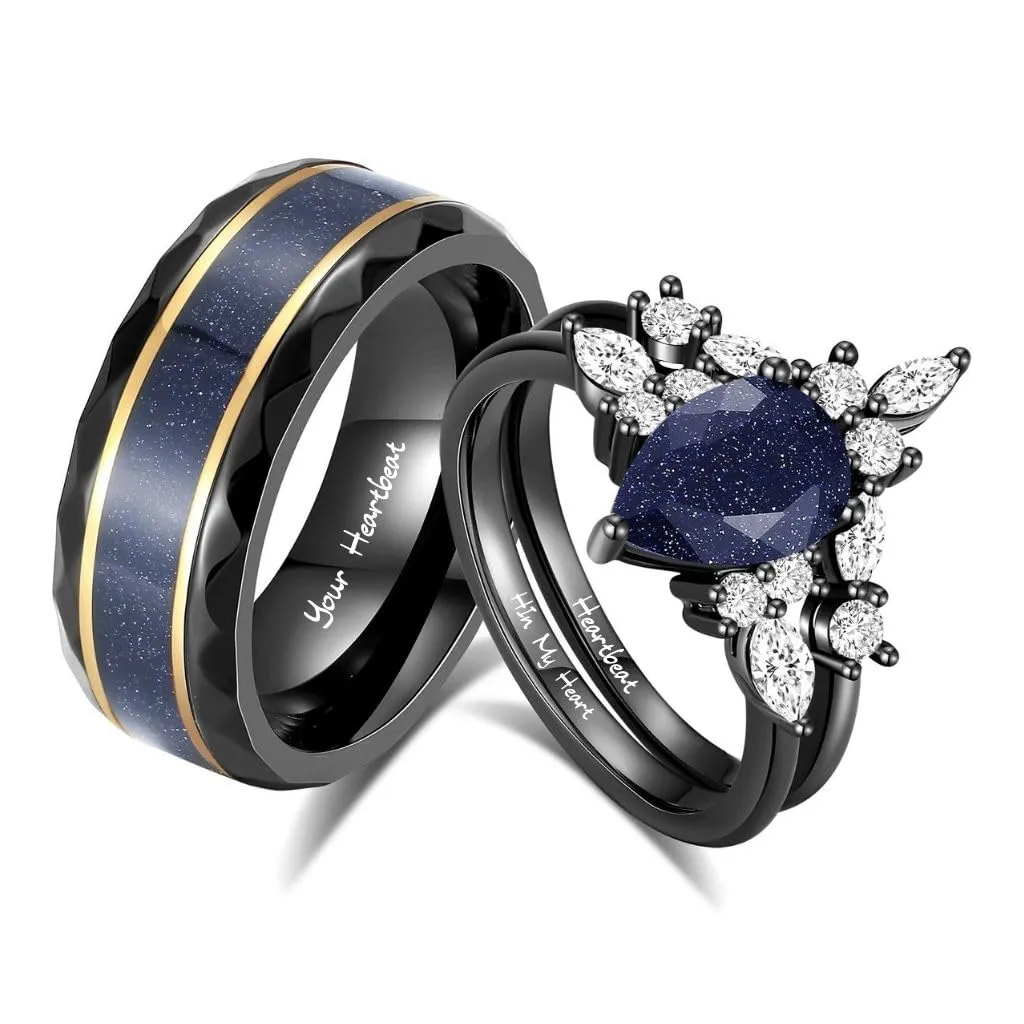 Custom Engraved Couples Ring Set – Pear-Shaped Blue Sandstone & Black Tungsten – Personalized Bands