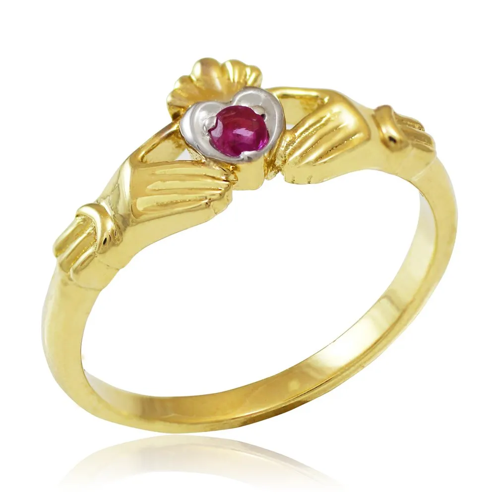 Dainty 10k Two-Tone Gold Red Ruby Heart Claddagh Ring - Handcrafted American Jewelry