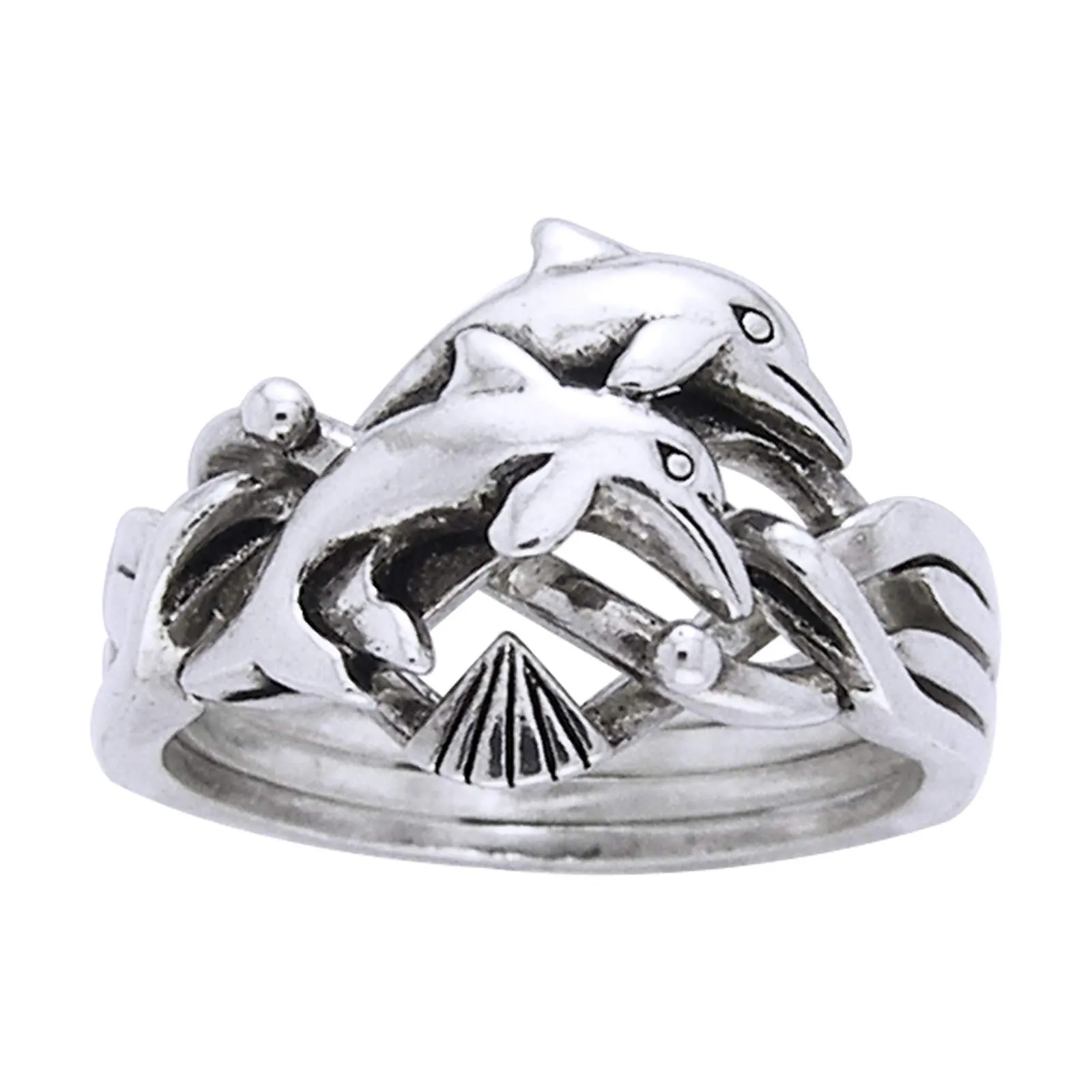 Dolphin Puzzle Ring Sterling Silver Four Band - Sizes 5-14 - Unique Challenge Gift