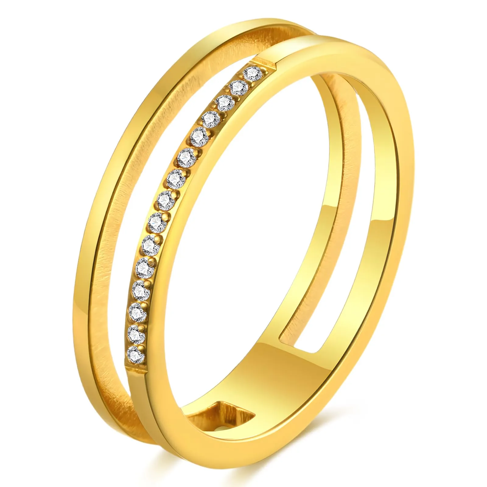 Double Lines Stacking Cubic Zirconia Thumb Knuckle Rings, 14k Gold Plated Titanium Band