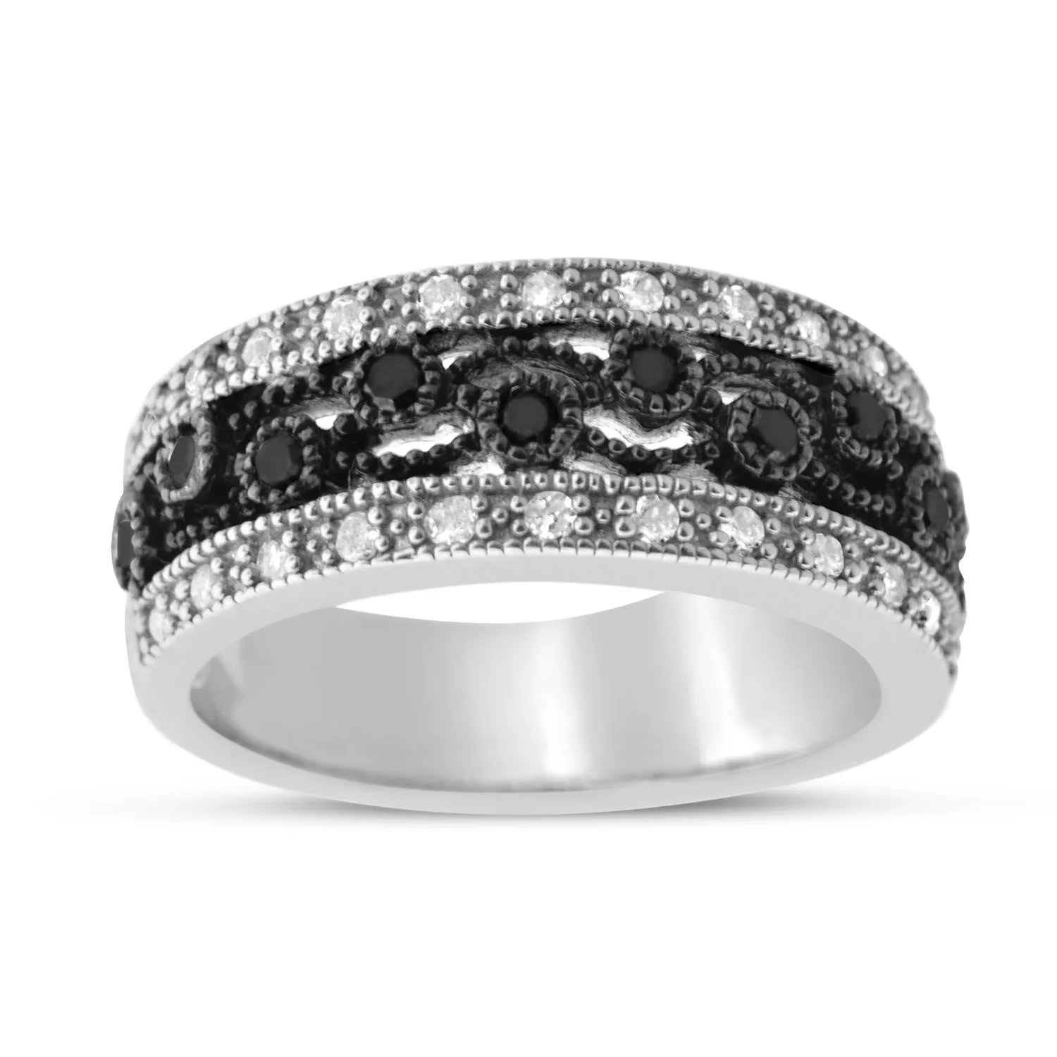 Elegant 1/2 Carat Sterling Silver Black and White Diamond Ring for Women with Rhodium Plating