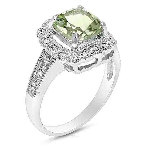 Elegant 1 cttw 7MM Cushion Cut Green Amethyst Ring in .925 Sterling Silver with Rhodium Finish