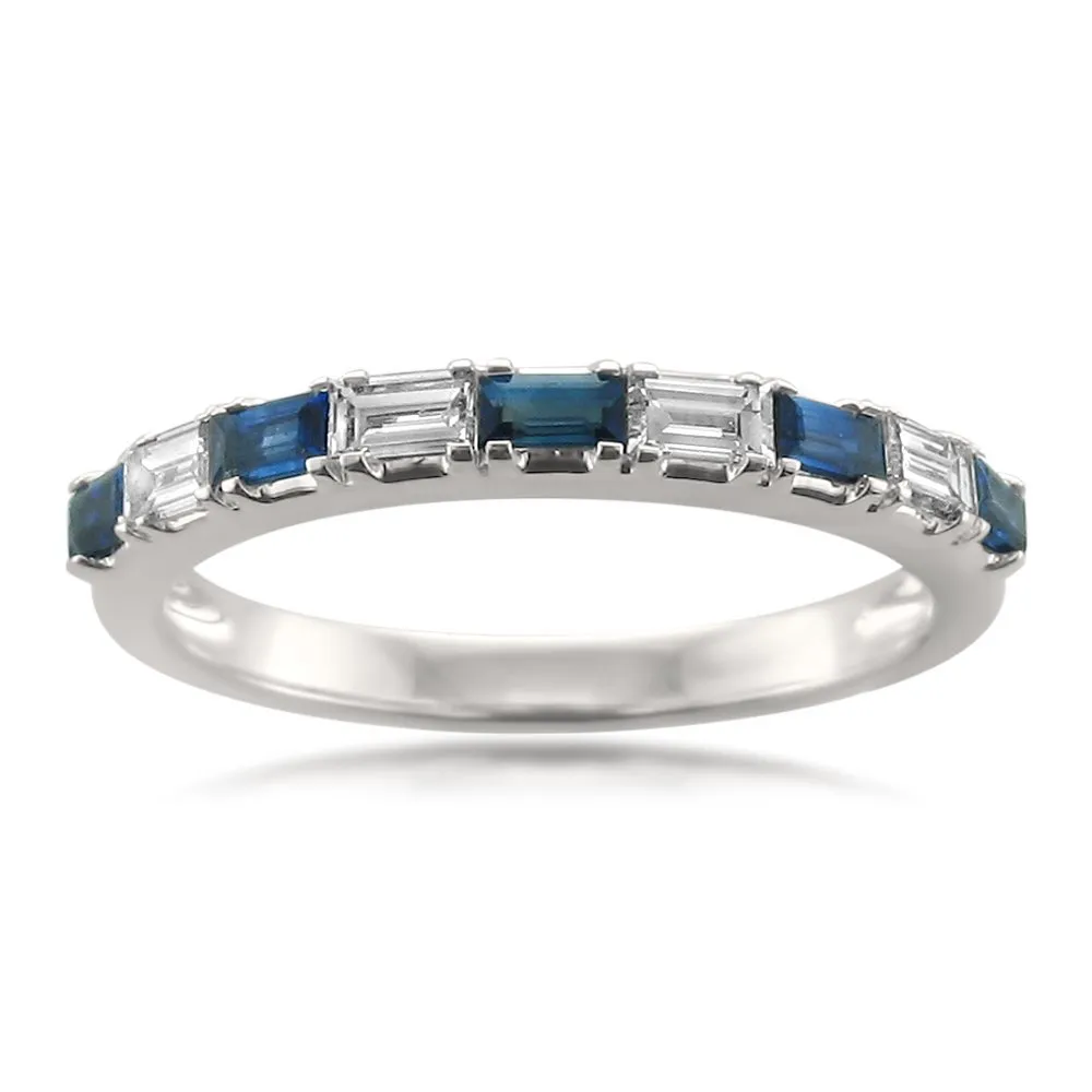 Elegant Pave-Set 1/2 Carat Baguette Diamond & Blue Sapphire Wedding Band in 14K Gold