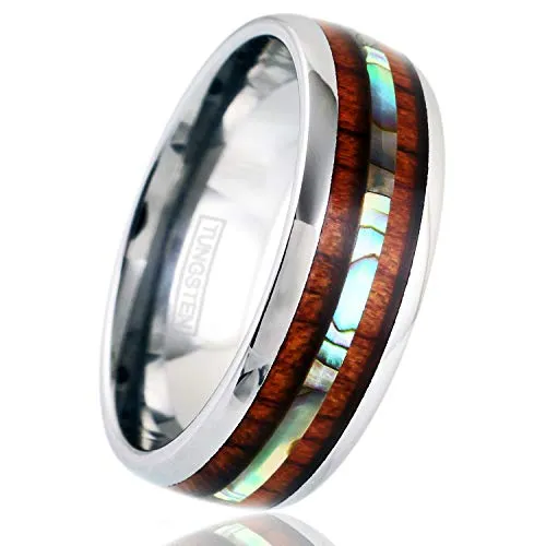 Engraved Personalized 6mm/8mm Silver Tungsten Carbide Ring with Koa Wood & Abalone Inlays