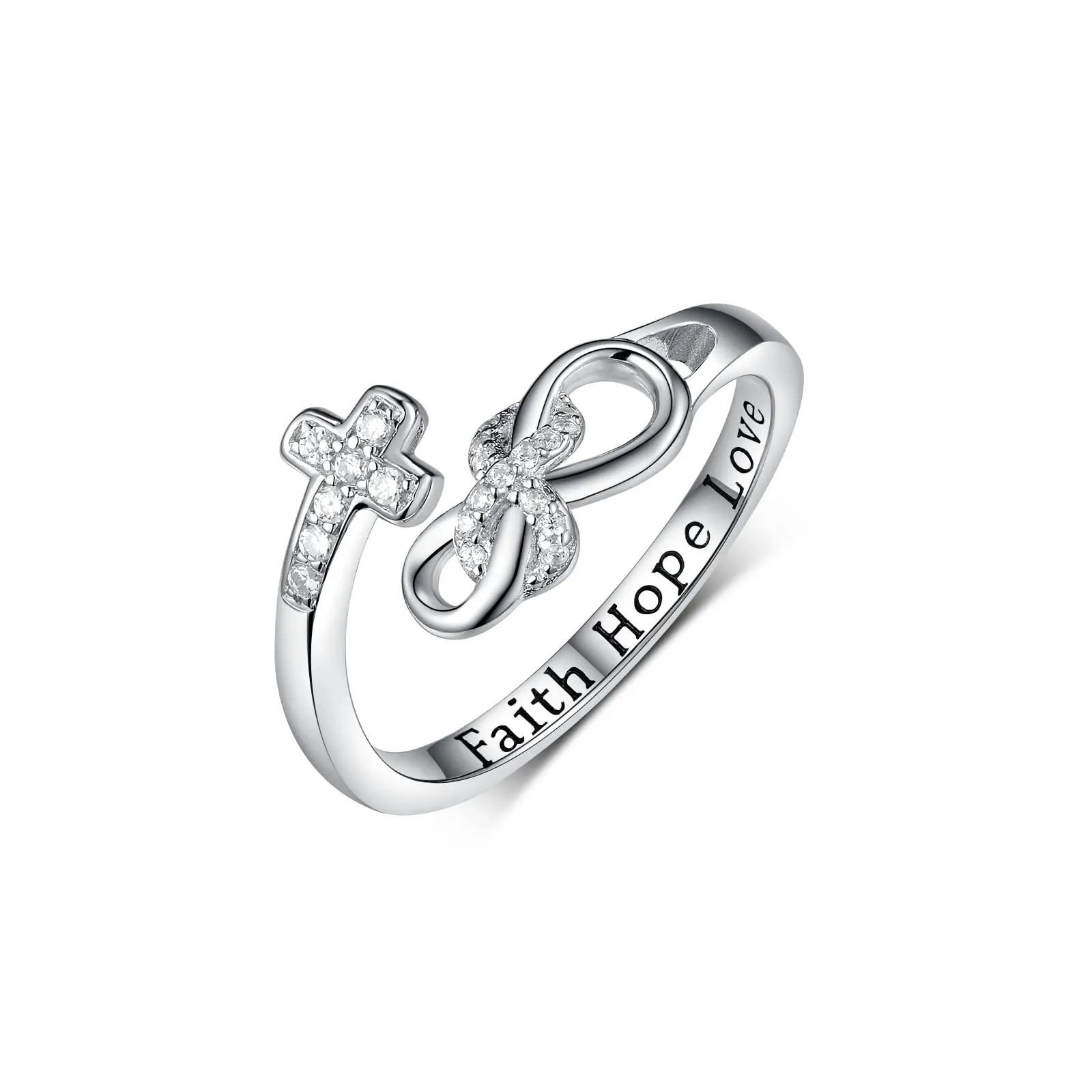 Faith Hope Love Cross Rings 925 Sterling Silver CZ Adjustable Wrap Inspirational Jewelry