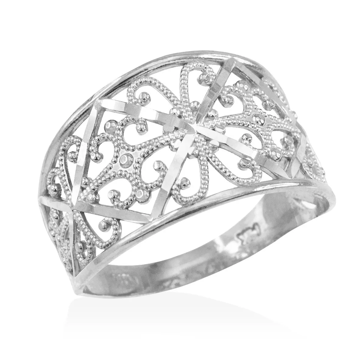 Fine 10k White Gold Milgrain Edge Four Leaf Clover Filigree Cocktail Ring for Women