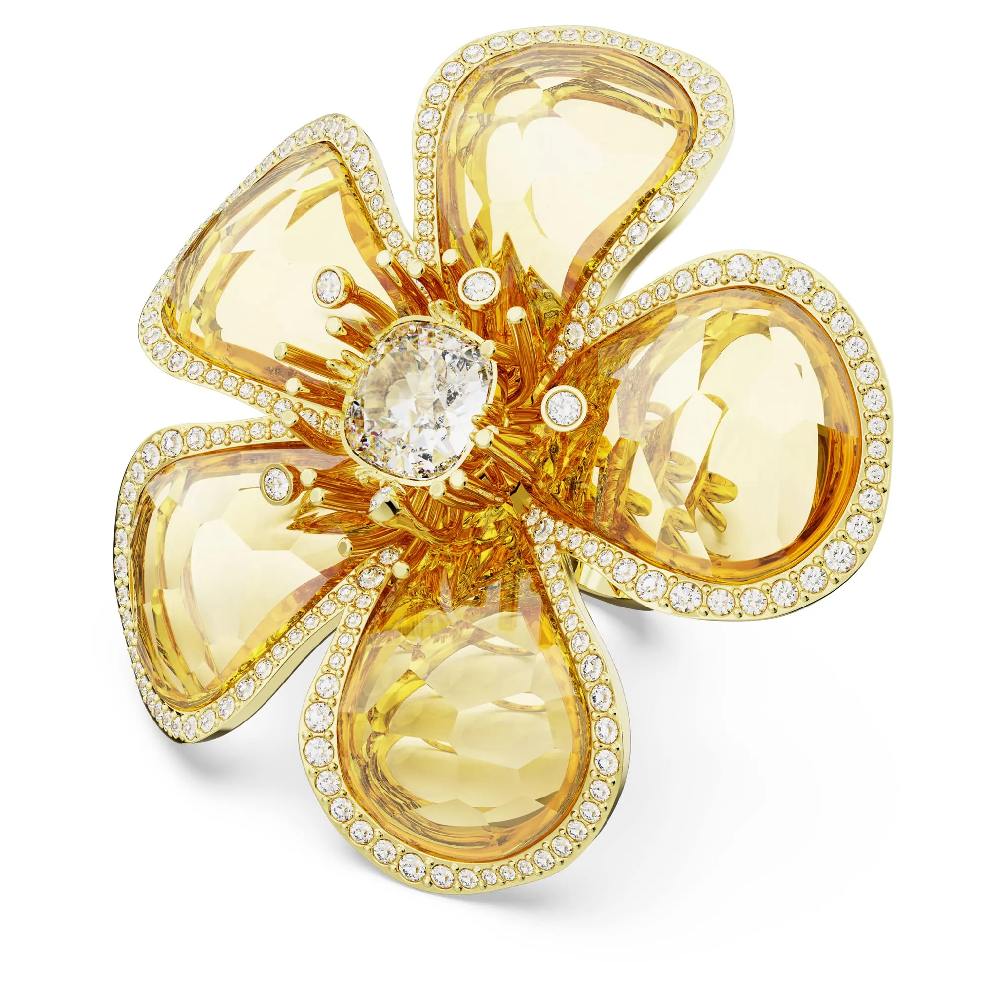 Florere Cocktail Ring - Yellow Flower Motif on Gold-Tone Double Band, Size 8 by SWAROVSKI